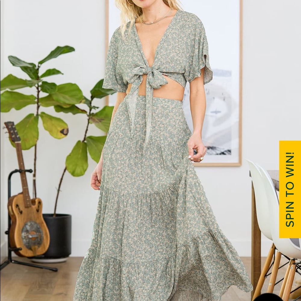 Lulu’s floral sage green two piece maxi dress
